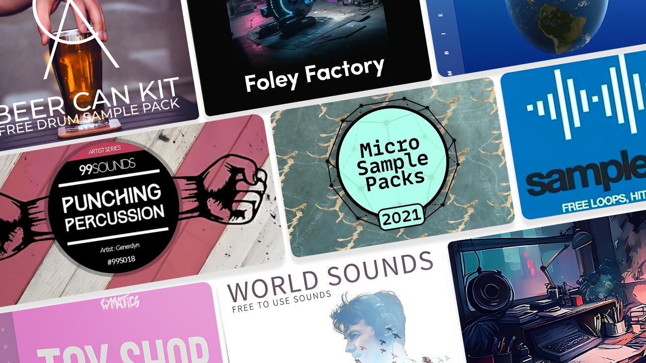 Image displaying multiple artworks featuring free Foley sample packs.