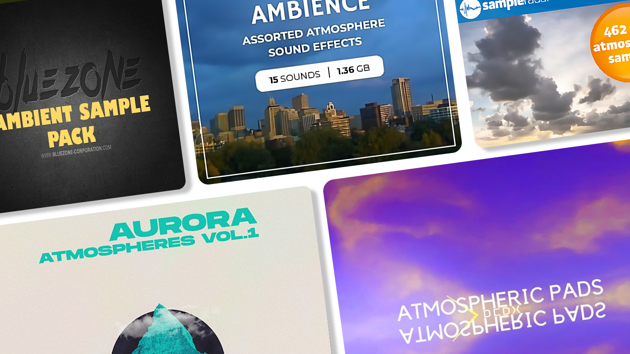 Image displaying multiple artworks featuring free ambient sample packs.