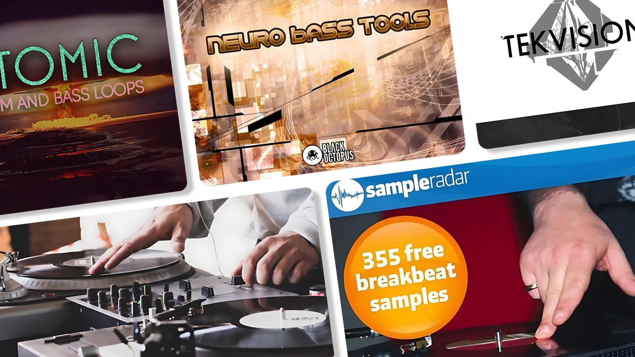 Image displaying multiple artworks featuring free drum and bass sample packs.