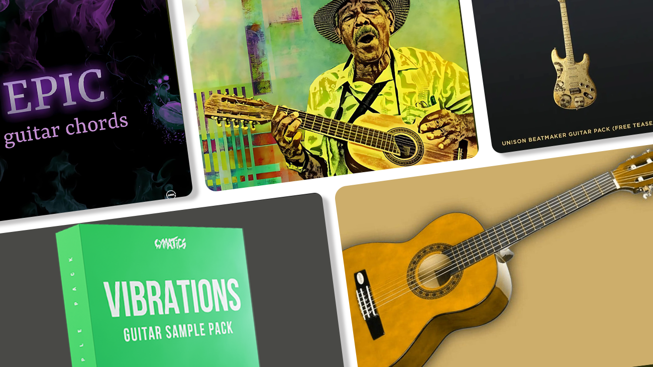 Digital illustration of 5 best free guitar sample packs cover artworks.