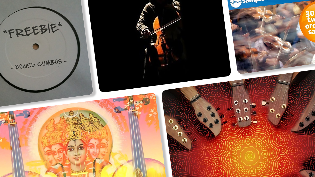 Image displaying multiple artworks featuring free string sample packs.