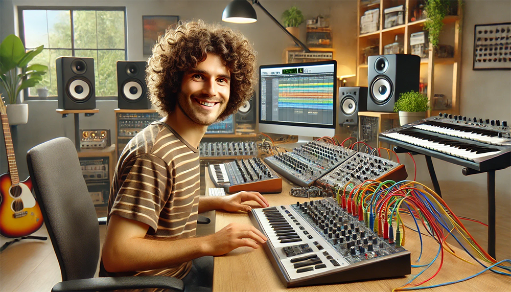 a man sitting at a desk in his home studio