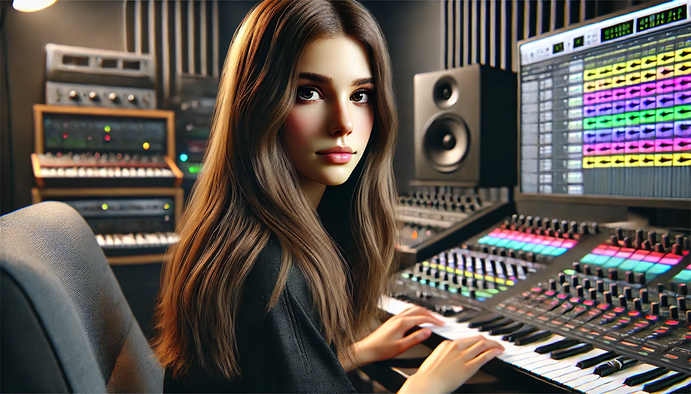 a woman sitting in front of a music mixer