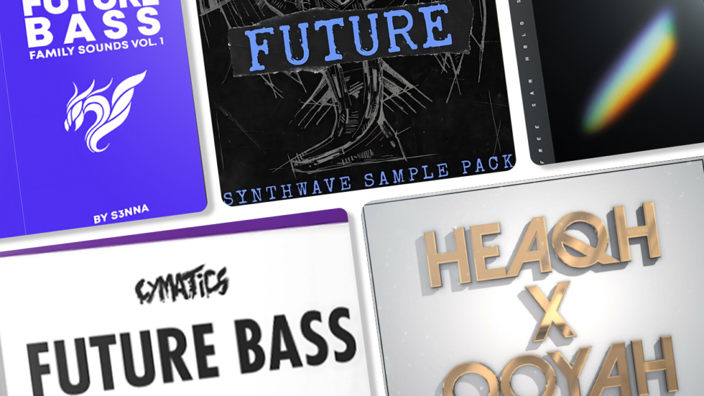 Image displaying multiple artworks featuring free future bass sample packs.