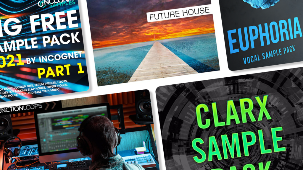 Image displaying multiple artworks featuring free future house sample packs.