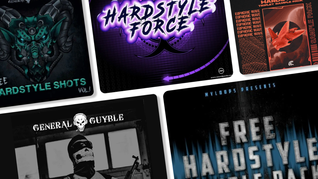 Image displaying multiple artworks featuring free hardstyle sample packs.