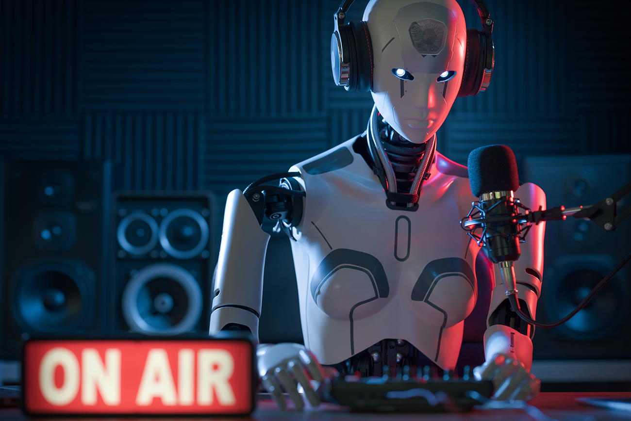 A futuristic robot wearing headphones, seated at a mixing desk in a modern music studio with a microphone and an "ON AIR" sign illuminated in the foreground. The background features soundproofing panels and large studio speakers, highlighting the advanced technology and AI integration in the music production process.